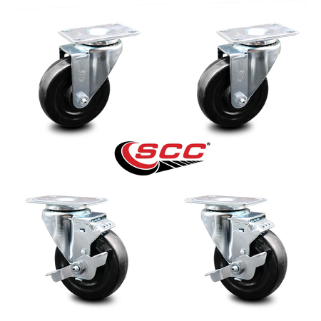 Service Caster 4 Inch Hard Rubber Wheel Swivel Top Plate Caster Set with 2 Brakes SCC SCC-20S414-HRS-TP2-2-TLB-2